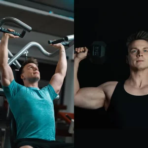 Zwei Athleten demonstrieren Freihantel- und Maschinentraining, symbolisieren den Vergleich und die Balance zwischen beiden Trainingsformen in einer Fitnessumgebung.